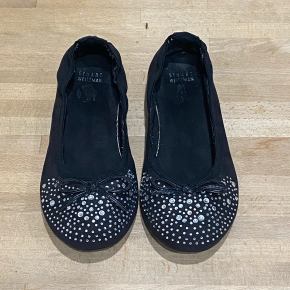 Stuart Weitzman Suede Black Rhinestones Studded Sz 4 Ballet Flats Bow - Picture 1 of 9